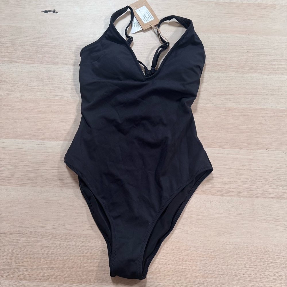 Berlook Sleek Black V-Neck One-Piece Swimsuit B09